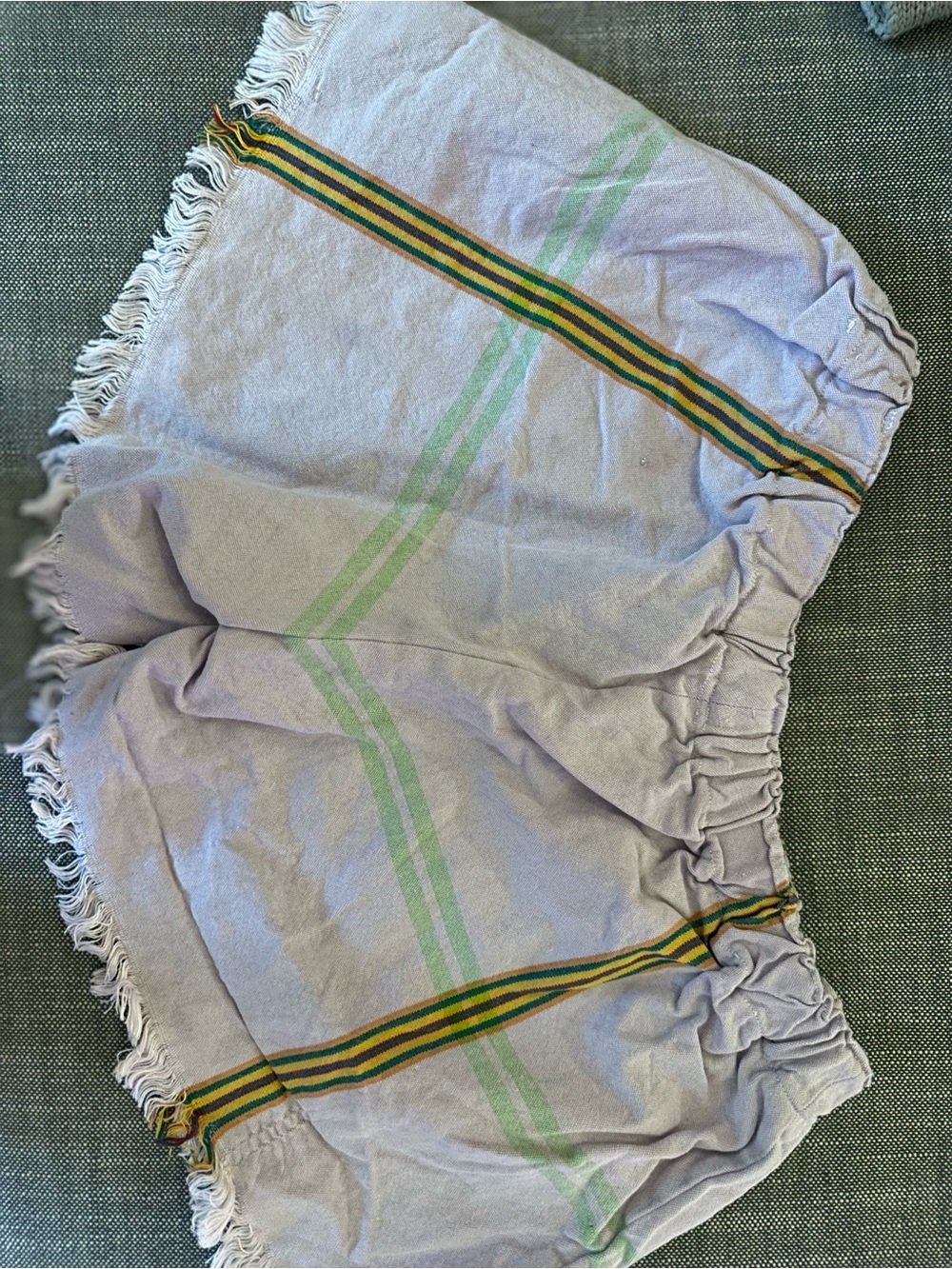 Light Lavender Fringe Casual Women's Shorts with Green Stripe